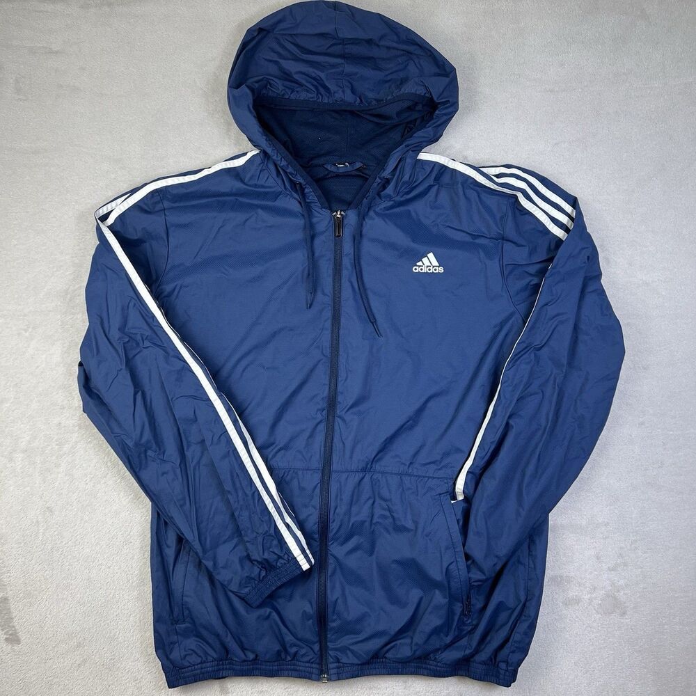 adidas Men’s Blue Windbreaker Hooded Full-Zip Jacket Pockets Size L